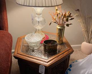 Hexagonal end table with carved decoratives