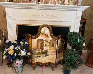 Hand Painted folding fireplace screen, faux flowers, accessories, rug