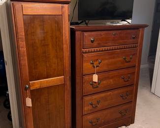 Cherry chest of drawers and tall storage cabinet