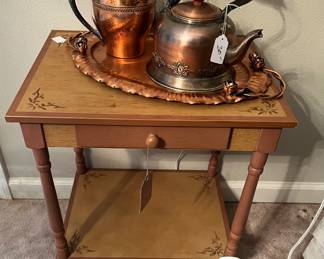 Small table, copper tray, tea pots