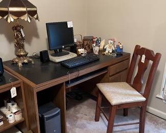 Computer Desk, Accessories, wooden upholstred chair