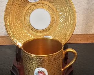 AMBROSIUS LAMM DRESDEN GILT CUP AND SAUCER SET