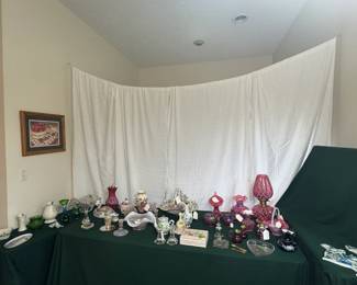 vintage Fenton glass, cut glass, and porcelain