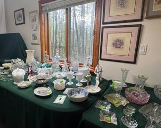 Vintage Fenton glass, cut glass, and porcelain