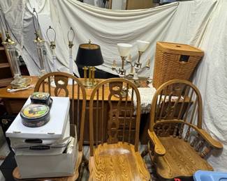 crystal lamps & sturdy oak dining chairs (4 armless, 2 armed)