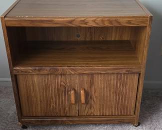 Vintage Oak Veneer Rolling Cabinet