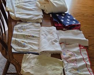 Vintage Embroidered Linens Assortment with American Flag