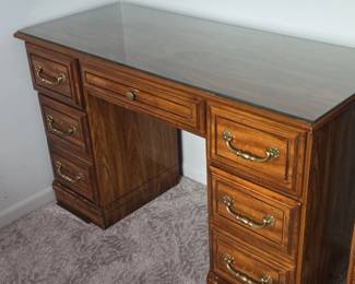 Vintage Wood Desk with Glass Top