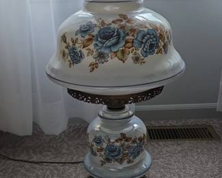 Blue Floral Milk Glass Hurricane Lamp