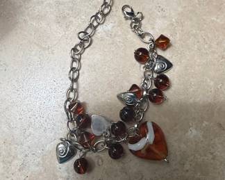 Charm Bracelet with Amber Glass Beads and Silver-Tone Metal Charms