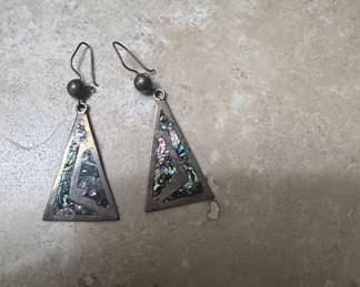 Vintage Mexican Sterling Silver and Abalone Inlay Triangle Earrings
