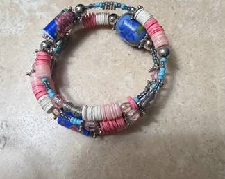 Beaded Coil Bracelet with Blue Floral Beads