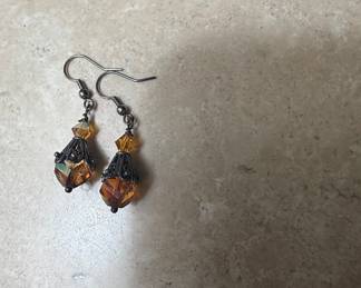 Art Deco Style Amber Crystal and Dark Metal Drop Earrings