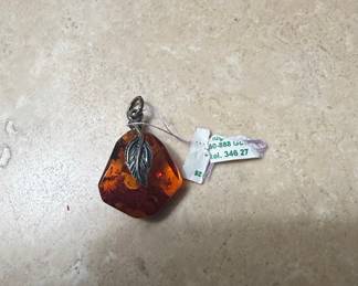 Amber and Sterling Silver Leaf Pendant