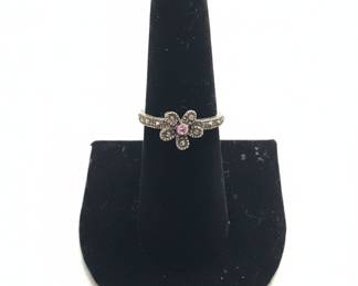 Sterling Silver Marcasite Flower Ring with Pink Stone