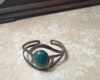 Art Deco Style Cuff Bracelet with Green Stone (Possibly Malachite or Chrysocolla)