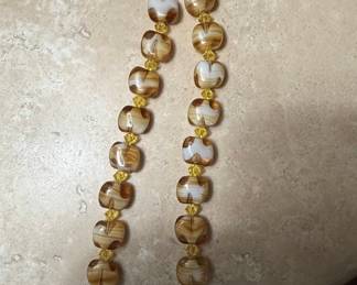 Artisan Glass Bead Necklace with Toggle Clasp - Amber and White Swirl