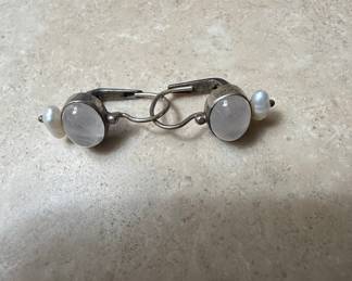Vintage Sterling Silver Moonstone and Pearl Dangle Earrings