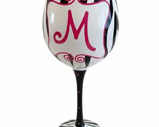 Mud Pie Hand-Painted Zebra Print Wine Glass with Monogram 'M'