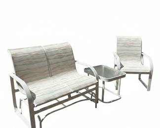 White Metal Outdoor Glider Bench and 2 Chair Set with Side Table
