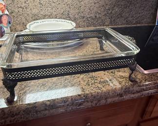 Vintage Pyrex Glass Casserole Dish with Silver-Plated Holder