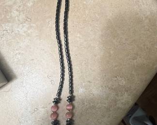 Hematite Heart Pendant Necklace with Pink Cat's Eye Beads