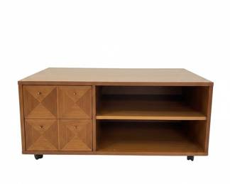 Mid-Century Modern Coffee Table on Wheels with Drawers and Shelving on Two Sides