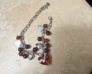 Charm Bracelet with Amber Glass Hearts and Silver-Tone Charms