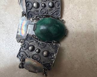Vintage Mexican Sterling Silver and Jade Link Bracelet