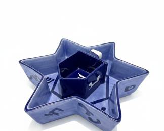 Blue Ceramic Star-Shaped Serving Dish with Center Bowl