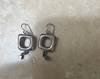 Sterling Silver Square Drop Earrings with Cube Accent