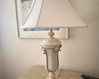Distressed White Urn Table Lamp with Decorative Scrollwork ~ Set of 2