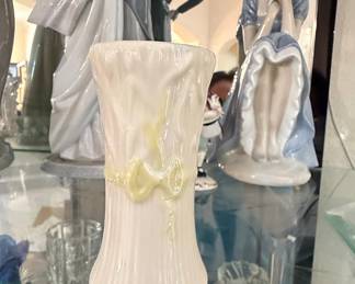 Belleek Porcelain Typha Spill Vase with Yellow Ribbon