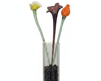 Murano Style Hand-Blown Glass Flowers in Vase