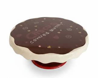Hand-Painted Ceramic Cake Stand with Wavy Edge ~ "Chocolate Covered Anygthing"