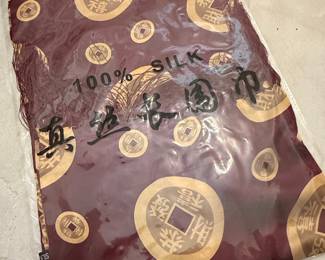 100% Silk Scarf with Chinese Coin Motif and Fringed Edge