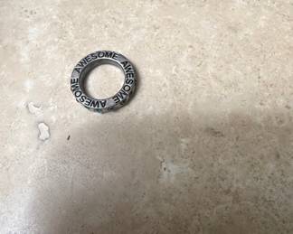 Silver-tone "Awesome" Engraved Ring with Blue Stones