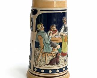 German Beer Stein Mug with Figurines ~ Pewter Lid Missing