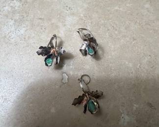 Sterling Silver Orchid Earrings and Pendant Set with Turquoise