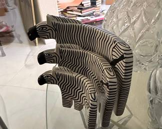 Set of Three Carved Wooden Zebras