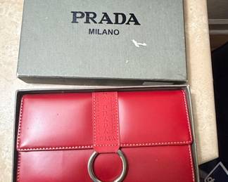 Prada Red Leather Bi-Fold Wallet with Ring Detail
