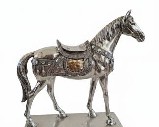 Silver-Tone Horse Figurine with Rhinestone and Mirror Mosaic Saddle