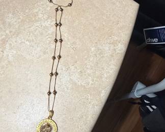 Gold-Tone Pendant Necklace with Faux Pearls and Glass Charm