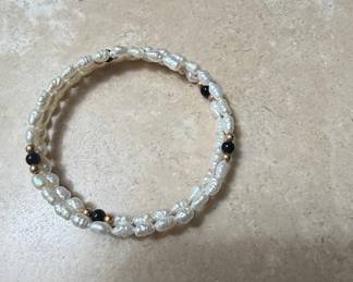 Double Strand Freshwater Pearl and Onyx Coil Bracelet