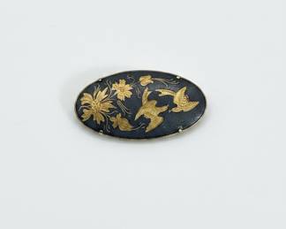 Antique Damascene Brooch with Birds and Floral Motif