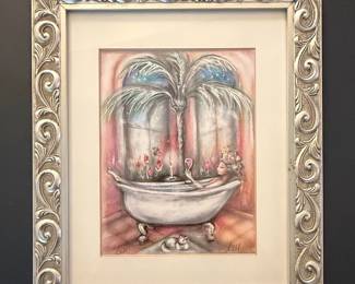 Woman in Bathtub with Cat and Palm Tree