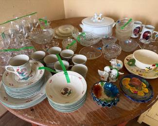 Rooster plates, cups, and bowls