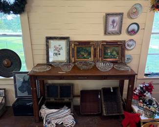 Console table, glassware, baskets