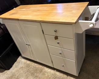 White Rolling Kitchen Island with Natural Wood Top and Drop Leaf