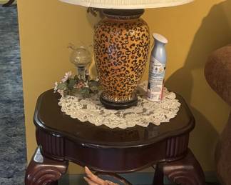Wooden End Table, Vintage Ceramic Leopard Lamp
